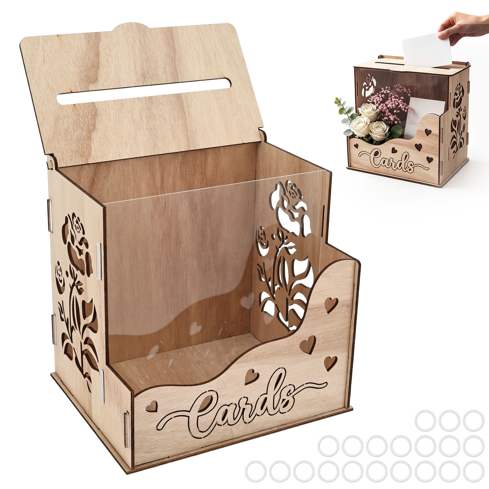 Wedding Card Box - Hölzerne Partykarten-Box mit Acryl-Fenster und Blumenfach