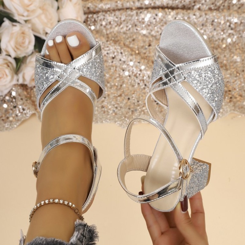 Wedding Fx - Damen Blockabsatz-Sandalen Gold Glitzernde Kreuzriemen Knöchelriemen